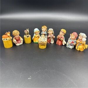 Vintage Thimble Nativity Set 10 Pieces Baby Jesus Wise Men Cow Mary Joseph Resin